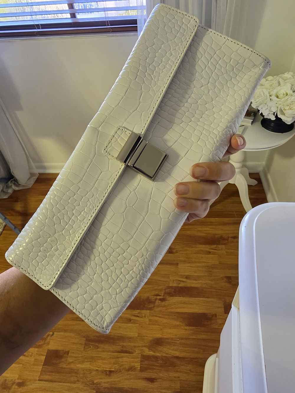 White Croc-Embossed Clutch Bag with Silver Lock